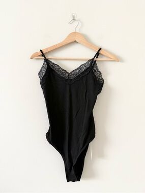 NWT NEW Black Lace-Trim Cami Strap Bodysuit Size XS